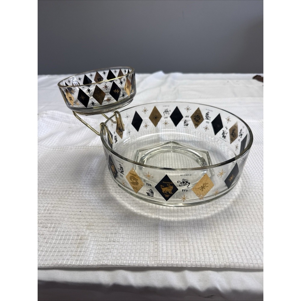 3 Pc Set VTG MCM Federal Zodiac Harlequin Diamond Black 22kt Gold Bowls Chip Dip